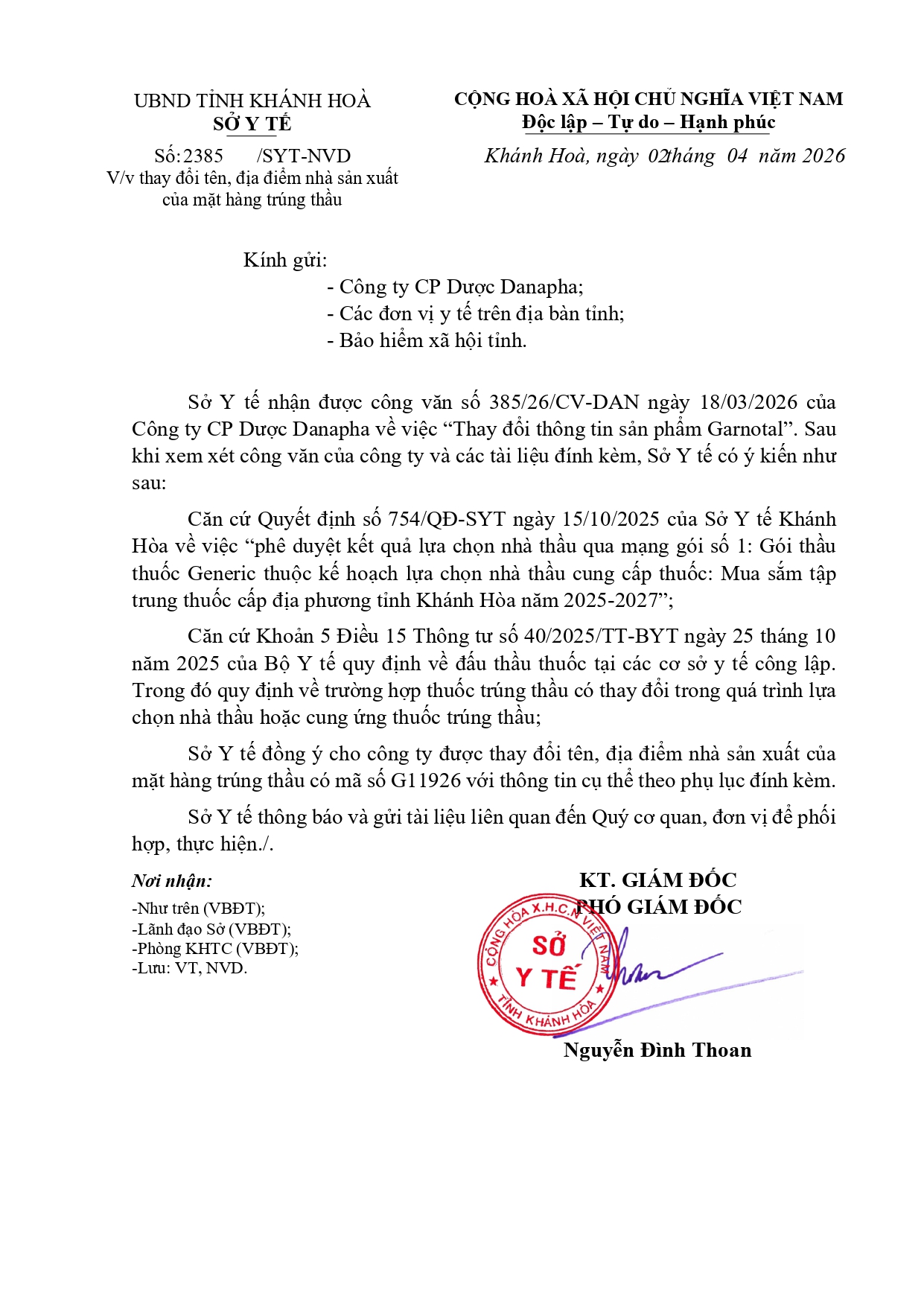 V/v thay đổi tên, địa điểm nhà sản xuất của mặt hàng trúng thầu